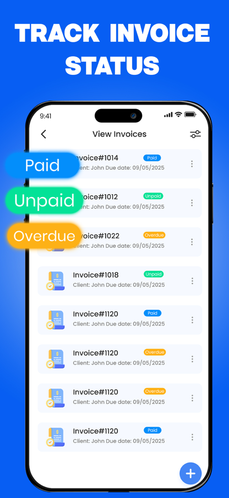 Invoice Creator, Receipt Maker - Mobile app interface showing a list of invoices with color-coded labels for paid unpaid and overdue statuses