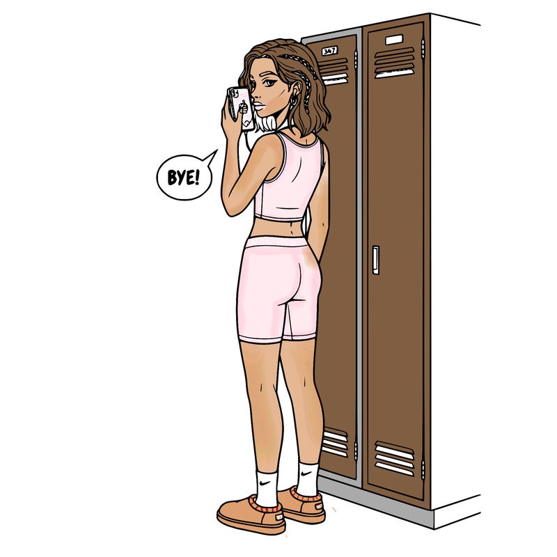 girl in tang top with non boot uggs with nike socks biker shorts short wavy hair with random braids in it. a necklace earrings a belly button ring.  short on her phone on call while bye her locker and earpods