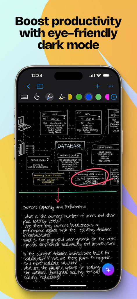 Ein Smartphone, das die MyScript Notes App im Dunkelmodus mit einem handschriftlichen Datenbankdiagramm und Notizen anzeigt