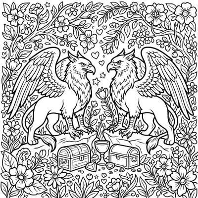 Discover a magnificent scene where two Guardian Griffins stand guard over precious treasures, set against a backdrop of vibrant spring blossoms. This intricate coloring page invites you to bring a world of fantasy and new life to vivid color.