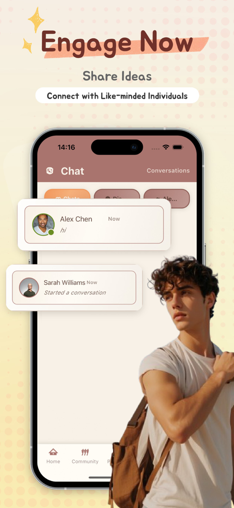 Tigo -  Connect, Play, Grow - Schermata di uno smartphone che mostra l'interfaccia di chat dell'app Tigo con notifiche di messaggi dai membri della community.
