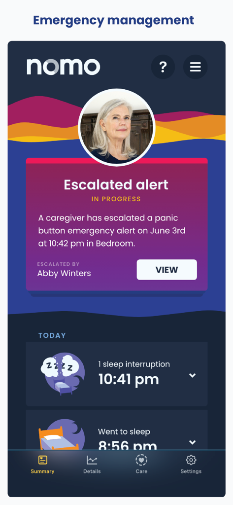 Nomo Smart Care - Nomo Smart Care app emergency management screen showing an escalated alert and sleep summary