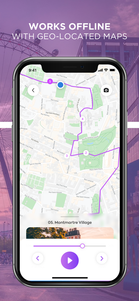 Vidi Guides: Self Guided Walks - Vidi Guides app showing an offline geo-located map for a self-guided walking tour in Montmartre