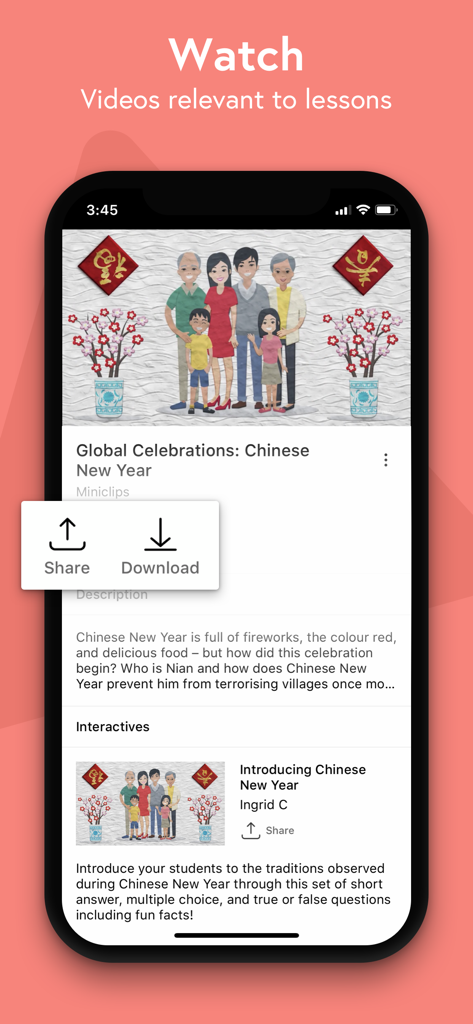 Screenshot of the ClickView app showing an educational video about Chinese New Year with share and download options.