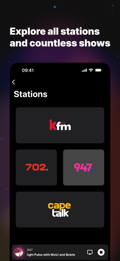 Primedia+ - Primedia plus mobile app screen showing South African radio stations like Kfm 702 947 and CapeTalk