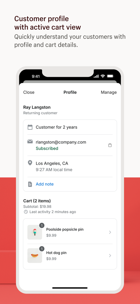 Shopify Inbox mobile app screen showing a customer profile with contact information and an active shopping cart view