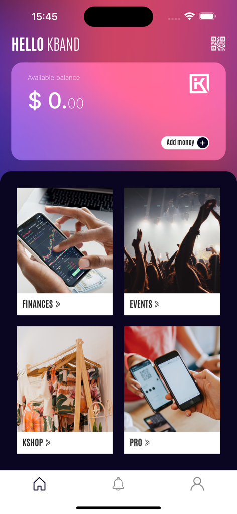 Kband - Pantalla de inicio de la aplicación Kband que muestra el saldo de la cuenta y las categorías del menú principal
