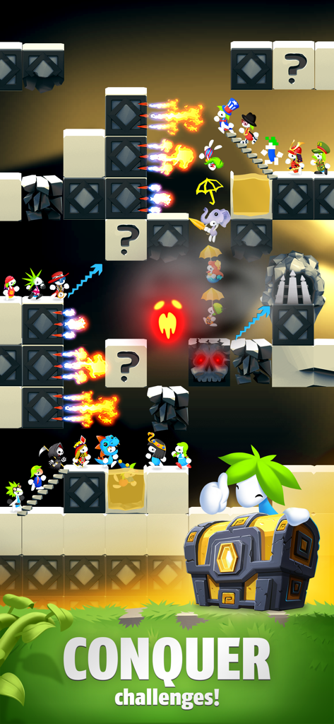 Lemmings: Strategy & Puzzle - Colorful Lemmings characters in various costumes navigating a complex puzzle level with traps and obstacles