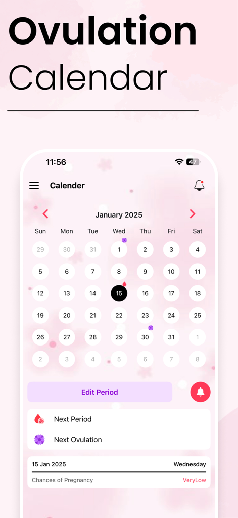 My Period and Ovulation Calendar app interface showing a monthly calendar with cycle tracking and fertility predictions.