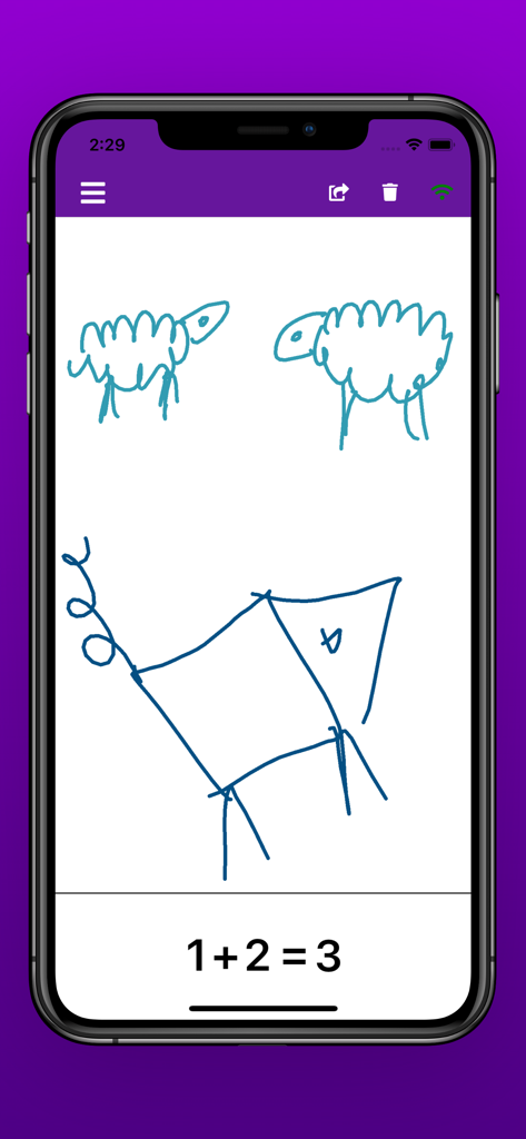 Painting calculator - Una pantalla móvil que muestra la aplicación Calculadora de Pintura con dibujos de dos ovejas y un cerdo representando la ecuación matemática uno más dos igual a tres
