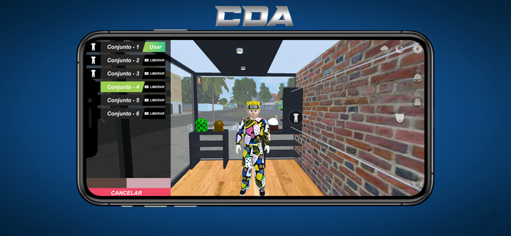 Carreta Da Alegria (Truck) - Character customization screen in the Carreta Da Alegria game showing a colorful patterned outfit and menu selection.