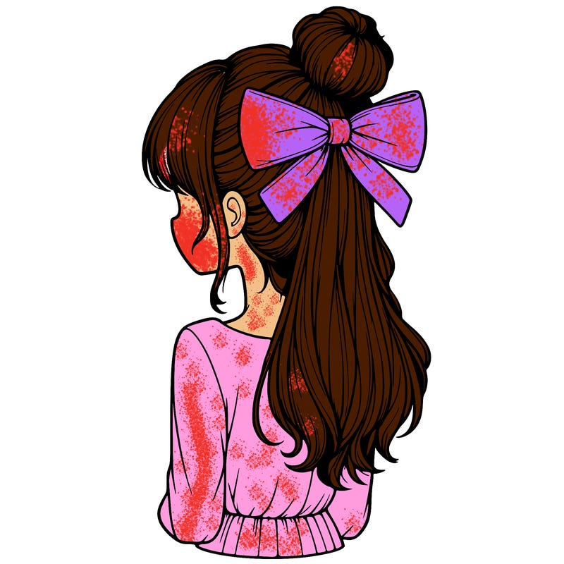 realistic girl  with hip length hair a bun and a big bow on the back of head