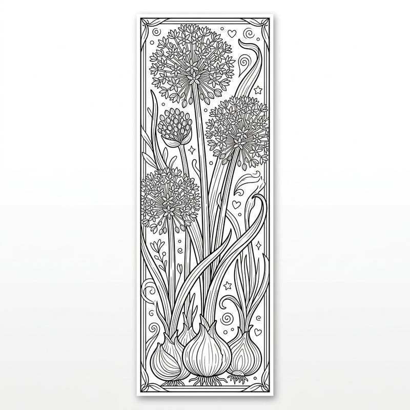 Discover this delightful allium flower bookmark coloring page, perfect for kids! Featuring intricate allium blooms and bulbs, it's a fun way to engage young artists and create a personalized bookmark.