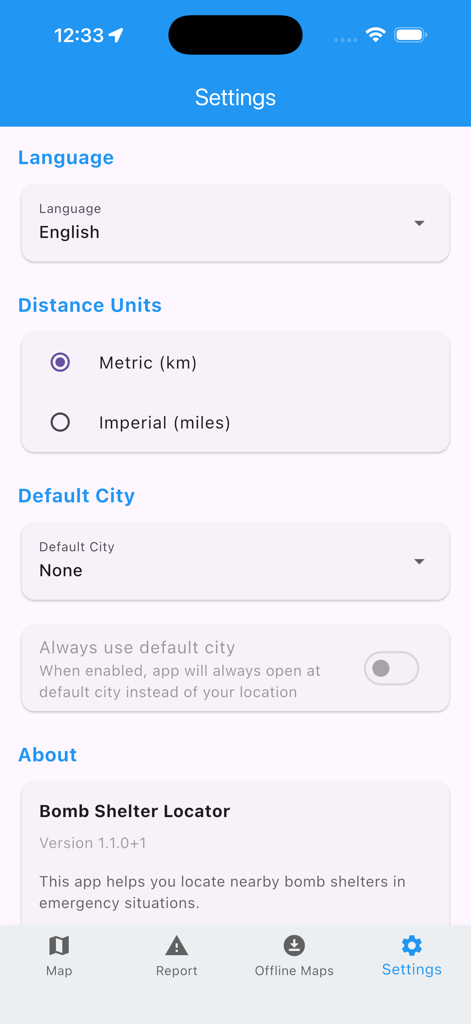 Settings screen of the Bomb Shelter Locator app showing language and distance unit options.