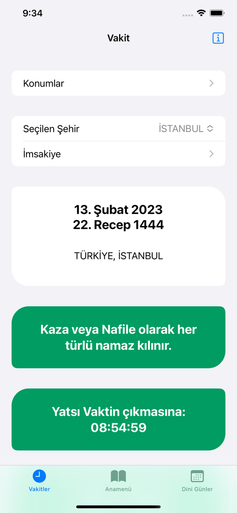 Interface des horaires de prière de l'application Islam montrant les dates et le compte à rebours pour la prière d'Isha à Istanbul.