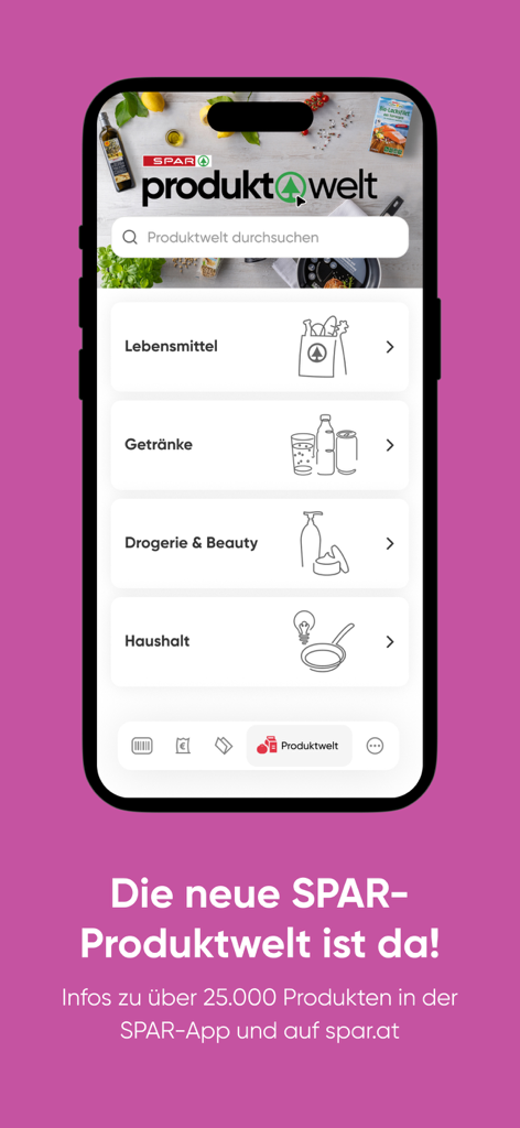 SPAR - SPAR App-Bildschirm mit Produktkategorien wie Lebensmittel, Getränke und Beauty im Produktwelt-Bereich.