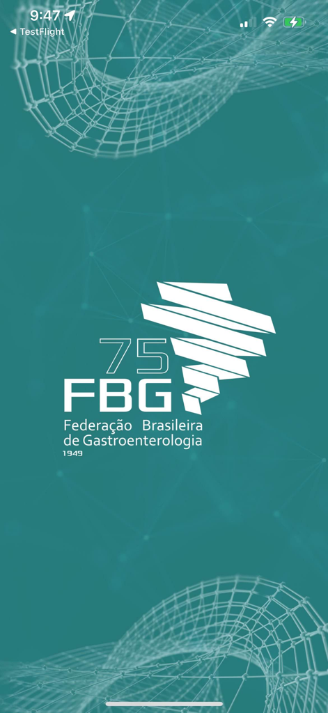 FBG - Gastroenterologia - Pantalla de inicio de la aplicación FBG Gastroenterologia con el logo del 75 aniversario de la Federación Brasileña de Gastroenterología