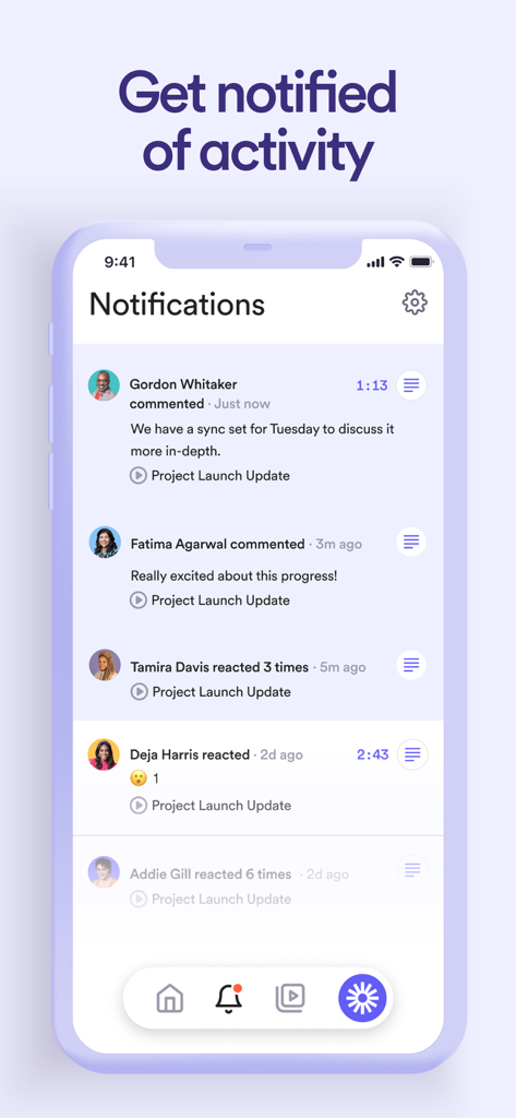 Loom: Screen Recorder - Loom mobile app notifications interface showing recent comments and emoji reactions on a project video