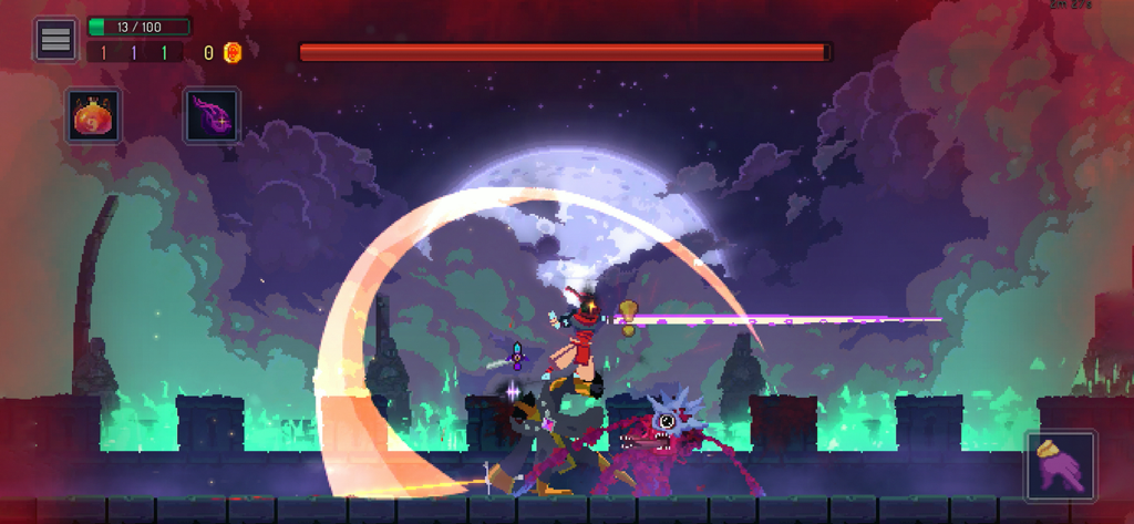 Dead Cells: Netflix Edition - Gameplay de ação em Dead Cells Netflix Edition mostrando um encontro de combate sob a lua cheia