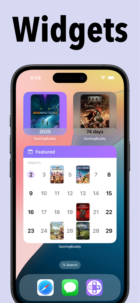 GamingBuddy: Game Tracker - iPhone home screen displaying GamingBuddy game release countdown and featured calendar widgets