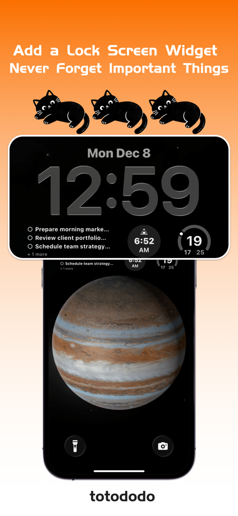 totododo - iPhone lock screen showing the totododo app widget with a list of tasks and decorative black cats