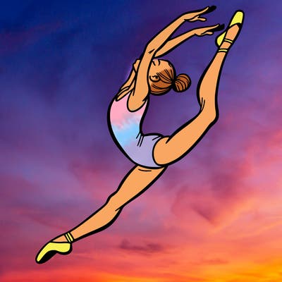 gymnast doing a leap in a leotard with a bent back leg
