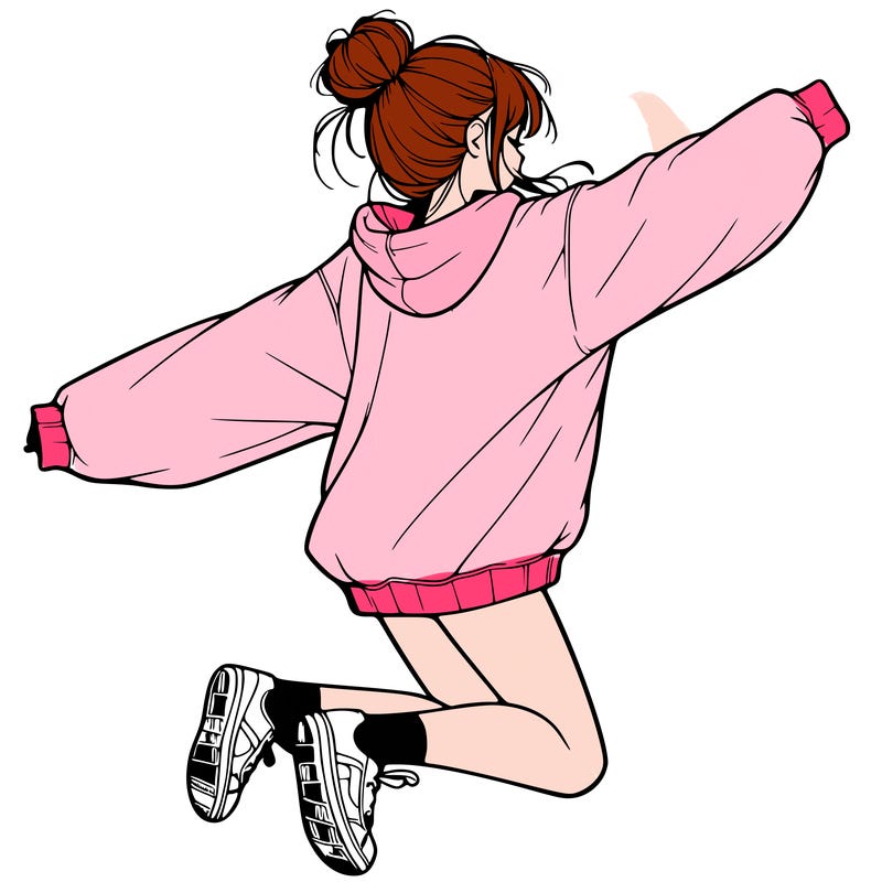 realistic girl jumping with a bun and oversized sweatshirt