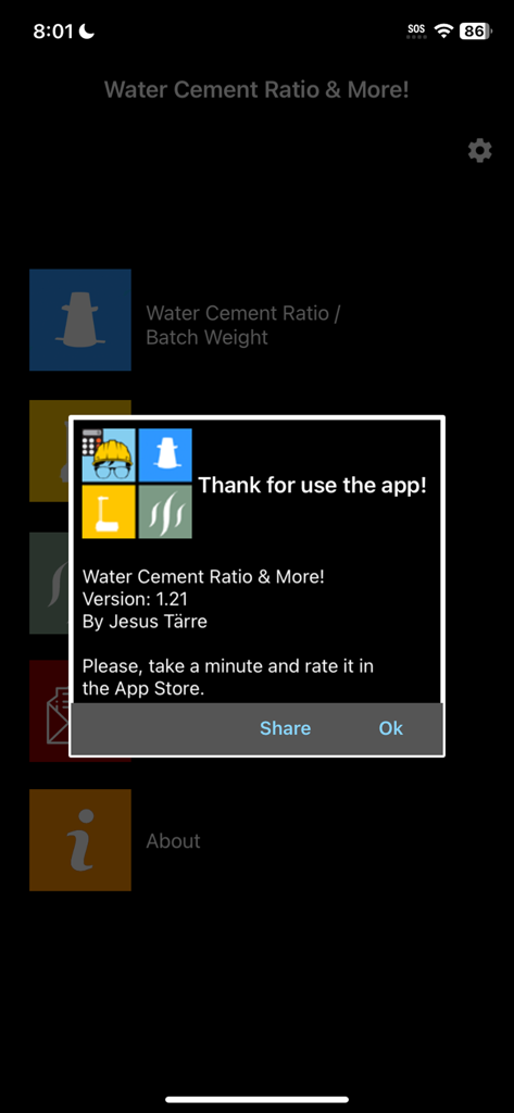 Water Cement Ratio And More - Rating prompt for the Water Cement Ratio & More construction utility app