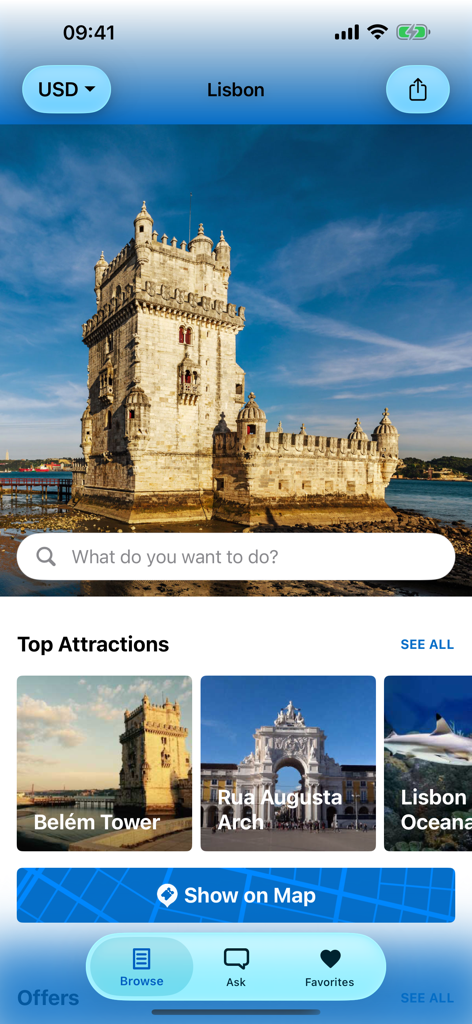 Pantalla de la aplicación Guía de Viaje de Lisboa mostrando las principales atracciones y la Torre de Belém