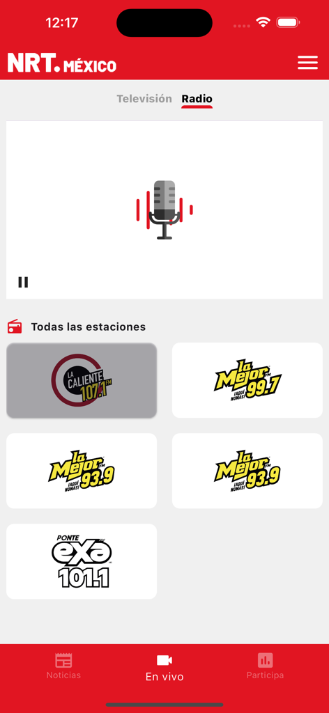 NRT México - Pantalla de radio de la app NRT Mexico con una selección de estaciones de radio locales en vivo para transmitir