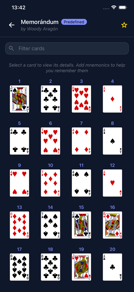 Mnemonicosis - Woody Aragon Memorandum card stack displayed in the Mnemonicosis app interface