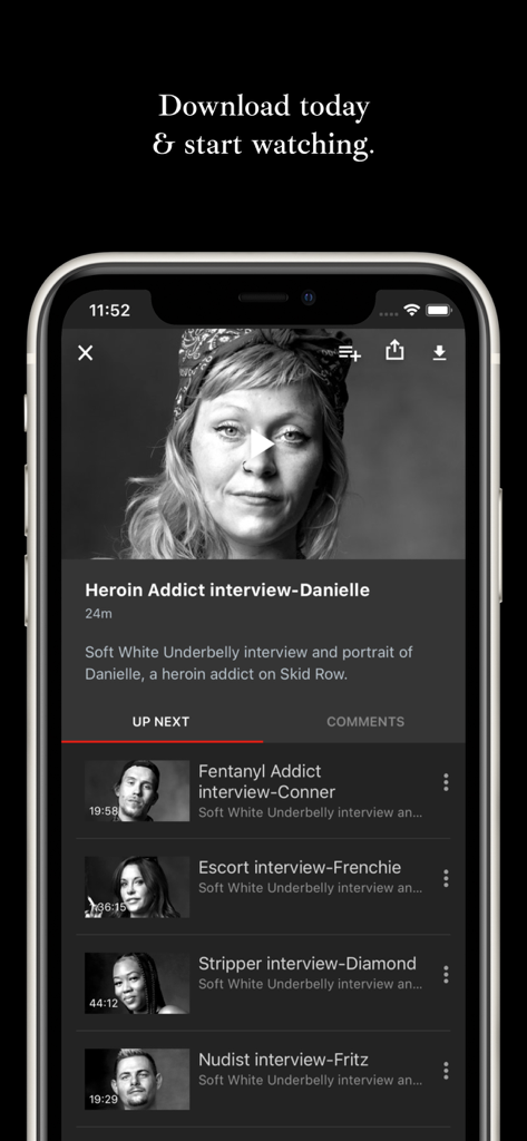 Soft White Underbelly - Soft White Underbelly app interface featuring black and white video interviews.