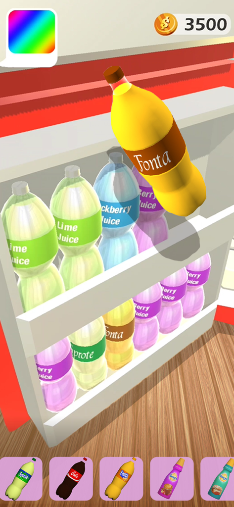 Organizing colorful juice bottles on a fridge shelf in the Fridge Organizing mobile game