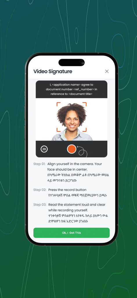 TeleSign - Interface of the TeleSign app showing the three-step video signature recording process for secure document authentication.