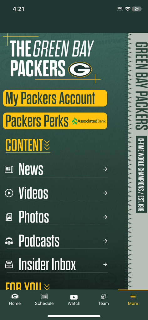 Green Bay Packers - The main menu screen of the Green Bay Packers mobile app displaying sections for news videos photos and podcasts