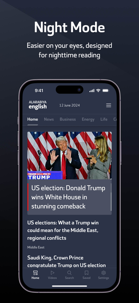 Al Arabiya English news app interface displaying night mode feature with latest world news headlines