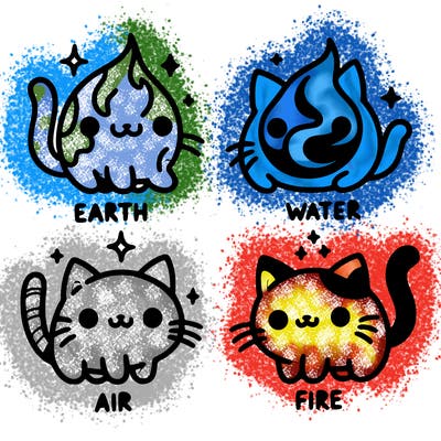 4 cats that represent the different elements, earth, water, air, and fire
