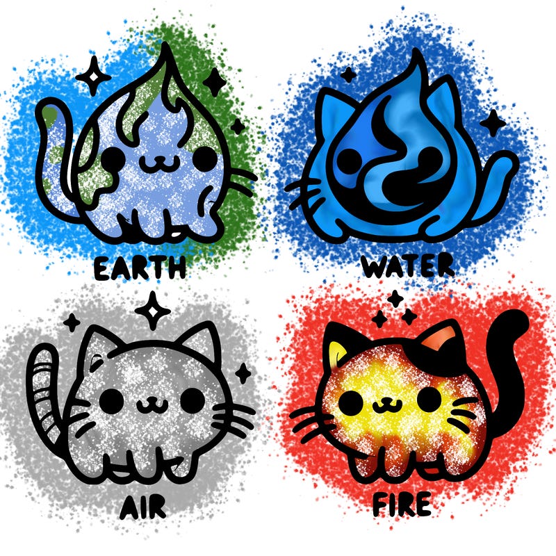 4 cats that represent the different elements, earth, water, air, and fire