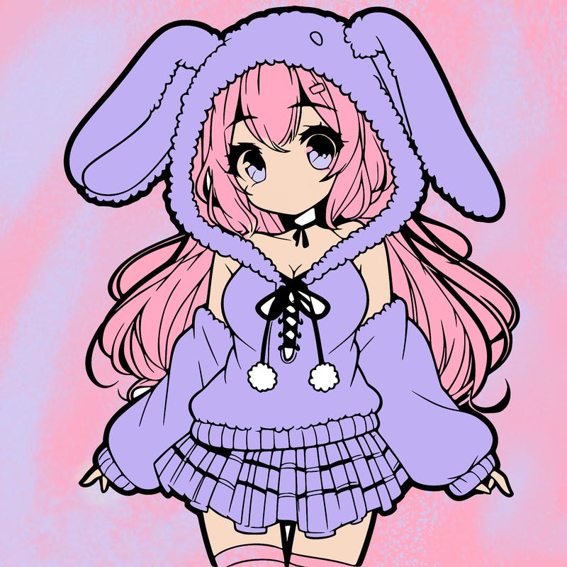 pretty anime girl wearing a fluffy hoodie with bunny ears on the hood and a skirt
