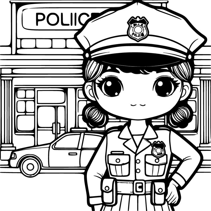 girl cop realistic hair in bun and chief badge on her cop uniform in front of a police station