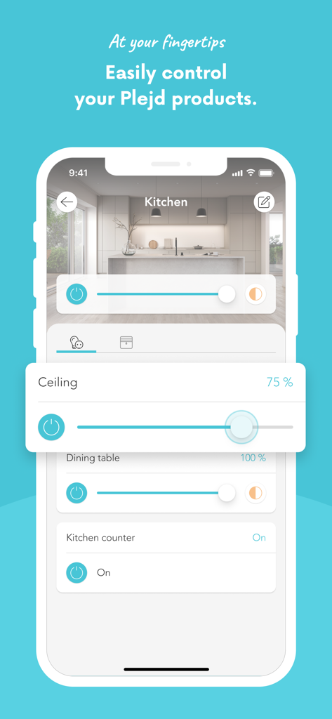 Plejd - A smartphone showing the Plejd app interface with light dimming controls for a modern kitchen.