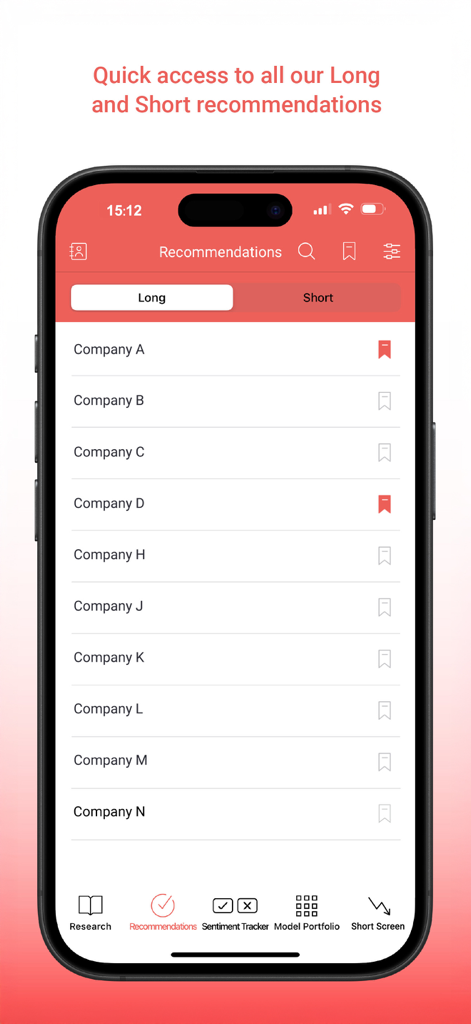 The Analyst App - The Analyst App recommendations screen showing a list of companies with long and short investment options