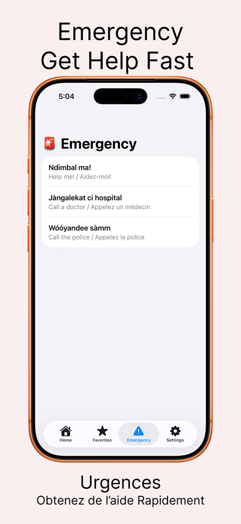 Wolof - Screenshot of the Wolof app showing emergency phrases translated into English and French
