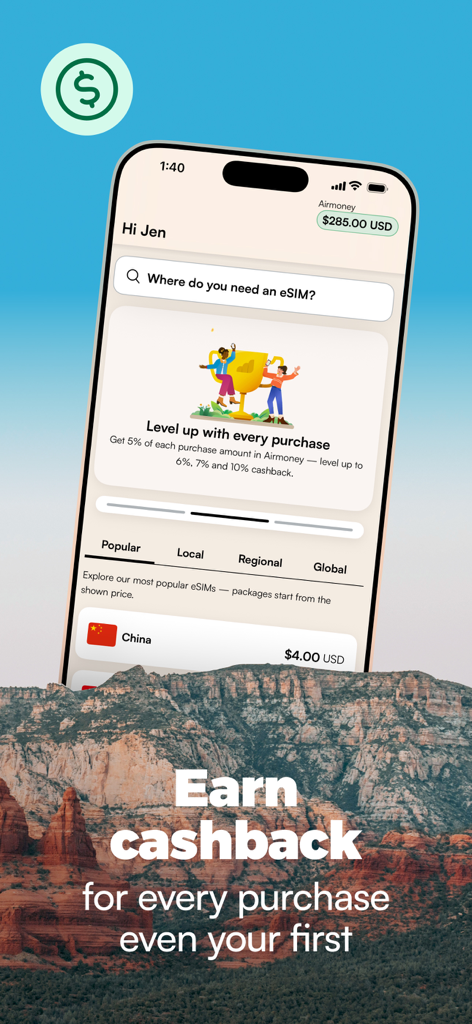 Airalo app interface showing the Airmoney cashback reward program for travel eSIM purchases