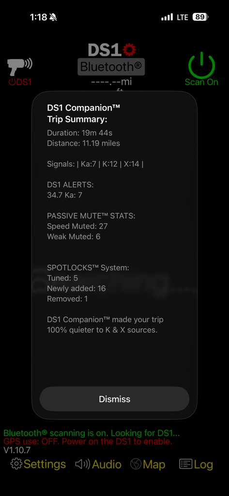 DS1 Companion - A trip summary screen from the DS1 Companion app displaying driving statistics and radar detection alerts