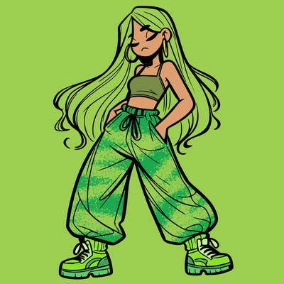 girl in baggy pants crop top and long hair