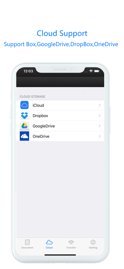 Portables USB-App-Interface mit Cloud-Speicheroptionen wie iCloud, Dropbox, Google Drive und OneDrive