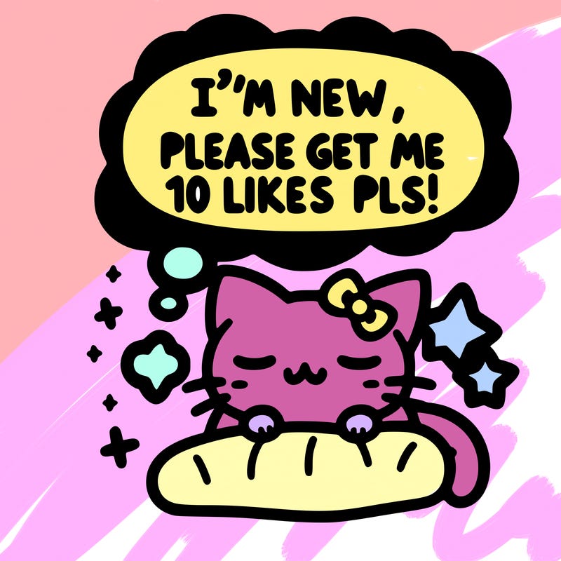 kitty taking a nap dream talking and saying "i'm new, please get me at least 10 likes pls!!"