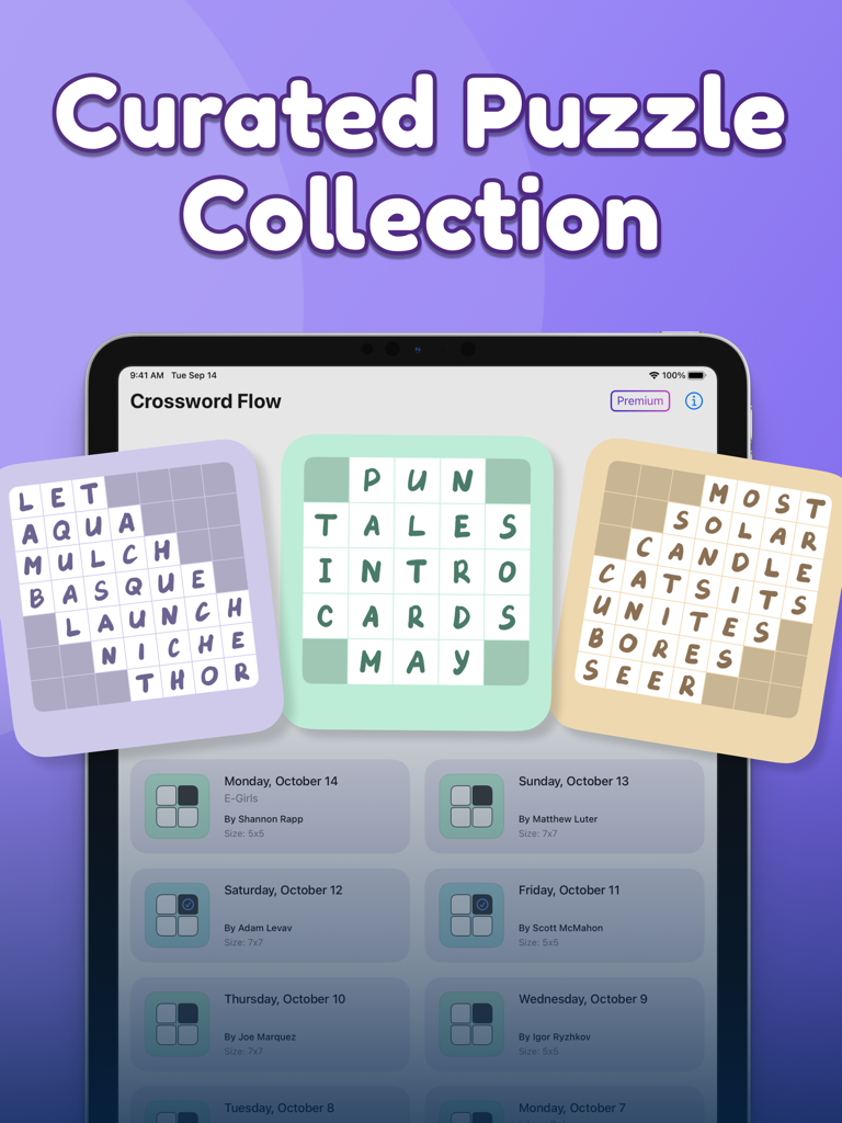 Crossword Puzzles Daily - An iPad screen displaying a curated collection of daily handcrafted crossword puzzles