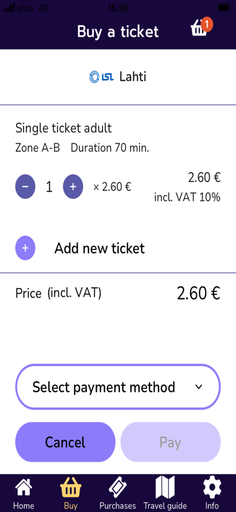 Purchase screen of Waltti Mobile app for a single adult transit ticket in Lahti